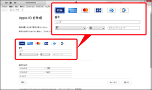 クレジットカードの種類を選択し、カード番号、有効期限、セキュリティコードを入力します。