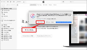 iPhone、iPad をパソコンに接続すると、iOS のアップデートを促すポップアップが出ることがあります。iPhone、iPad とパソコンの同期が完了する前にソフトウェアの更新を実施すると、バックアップが作成されませんので、必ず「キャンセル」を選択してください。